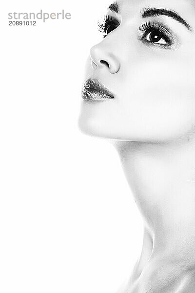 Pretty woman. Black and white photography. Isolated on white