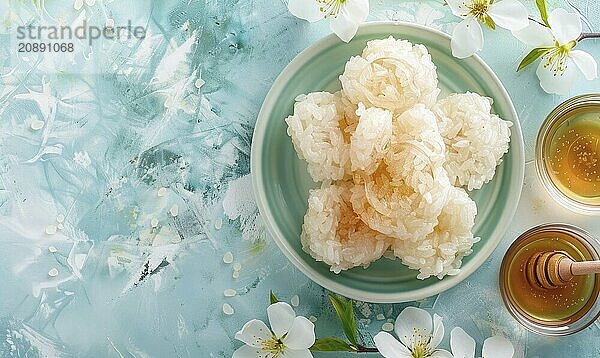 Rosewater rice cakes with honey syrup on a light blue background AI generated