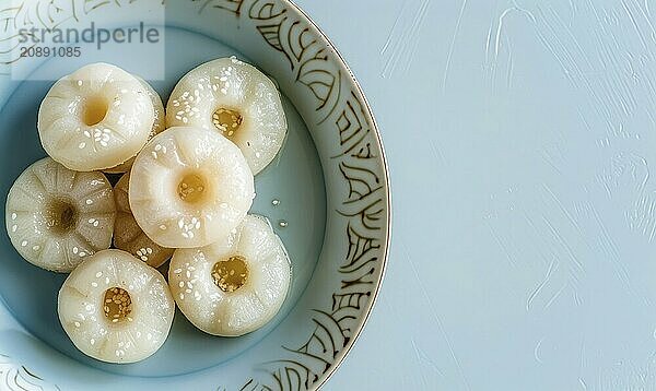 Korean steamed rice cakes (tteok) on a light blue background AI generated