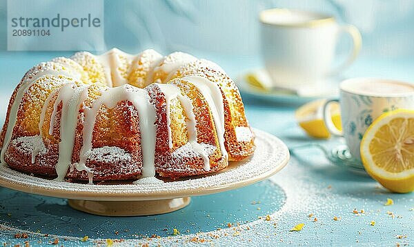 Lemon pound cake with a sugar glaze and a macchiato on a light blue background AI generated