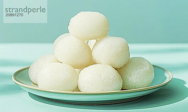 Korean steamed rice cakes (tteok) on a light blue background AI generated