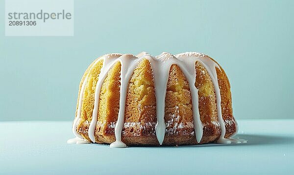 Lemon pound cake with a sugar glaze and a macchiato on a light blue background AI generated