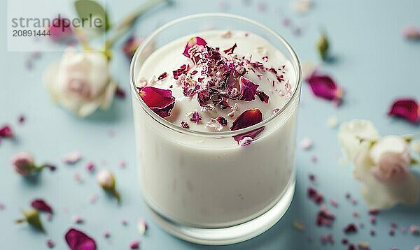 Rosewater milk pudding with rose syrup on a light blue background AI generated