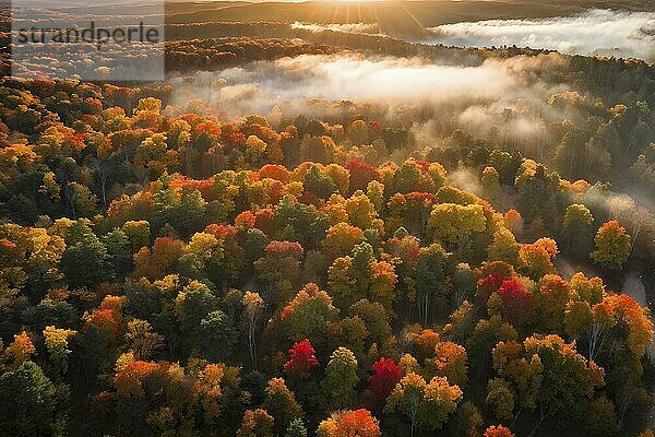 Aerial perspective of an autumn forest with leaves in varying shades of amber red and yellow  AI generated