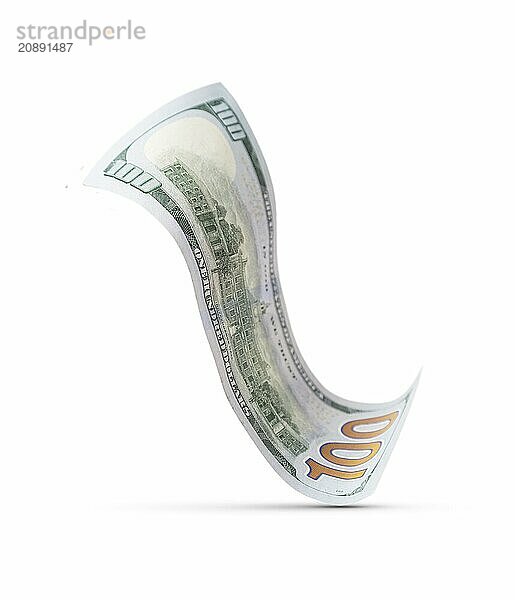 One hundred dollar bill floating down to surface with drop shadow isolated on a white background