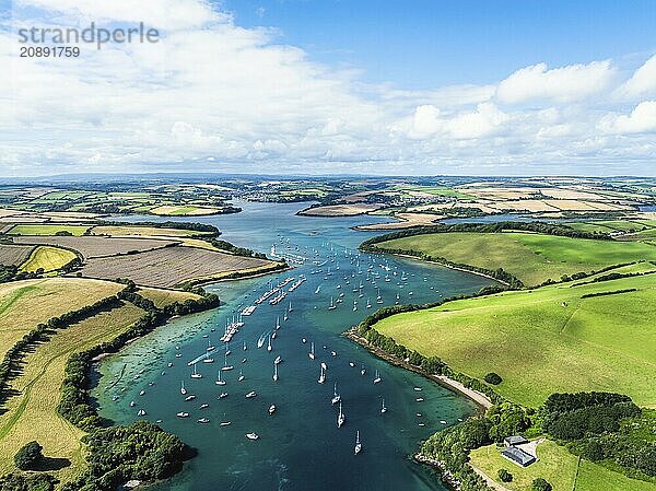 Salcombe and Mill Bay over Kingsbridge Estuary from a drone  Batson Creek  Southpool Creek  Devon  England  United Kingdom  Europe