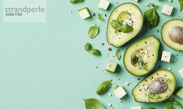 Avocado and feta cheese salad on a light blue background AI generated