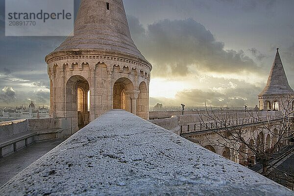 Old historic fortress and church at sunrise. City panorama at dusk. View of the Danube Fishermen's Bastion  Halászbástya  Budapest  Hungary  Europe