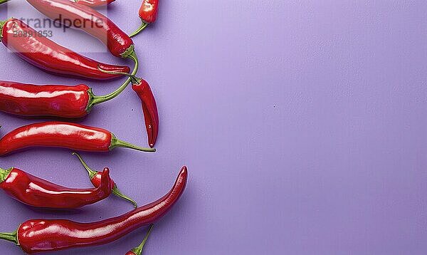 Top view of hot peppers scattered on a purple background AI generated