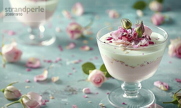 Rosewater milk pudding with rose syrup on a light blue background AI generated