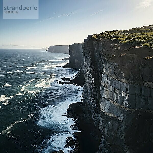 Dramatic view of lush undulating cliffs with breaking ocean waves  AI generated