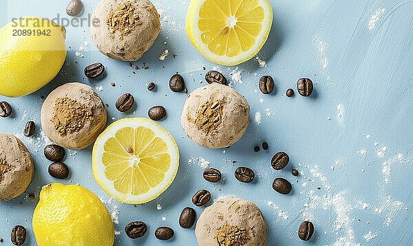 Lemon and coffee truffles with coffee beans on a light blue background AI generated