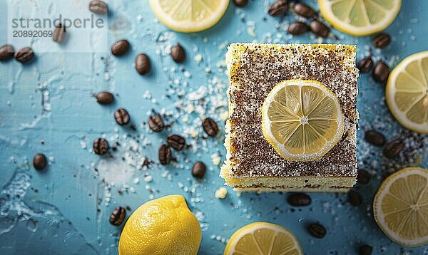 Lemon coffee cake with coffee beans on a light blue background AI generated