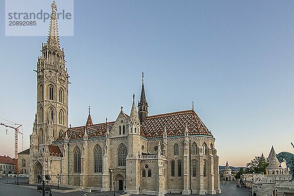 Old historic fortress and church at sunrise. City panorama at dusk. View of the Danube Fishermens Bastion  Halászbástya  Budapest  Hungary  Europe