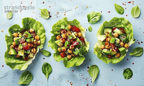 Avocado and chickpea salad in lettuce cups on a light blue background AI generated