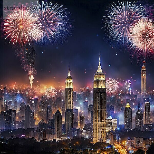 Vibrant fireworks burst over a beautifully lit city at night with tall buildings  AI generated