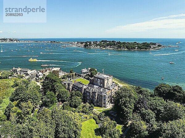 Brownsea Castle on Brownsea Island from a drone  Poole  Dorset  England  United Kingdom  Europe