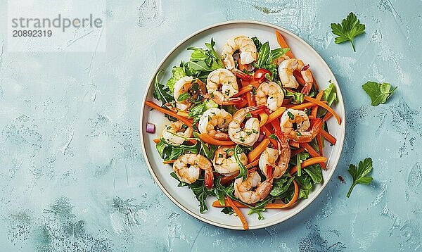 Shrimp and carrot salad with ginger dressing on a light blue background AI generated