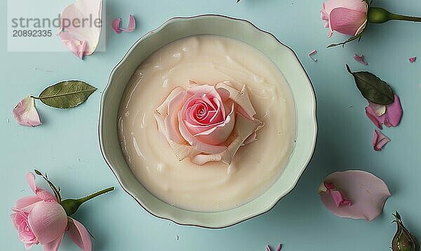 Rosewater milk pudding with rose syrup on a light blue background AI generated