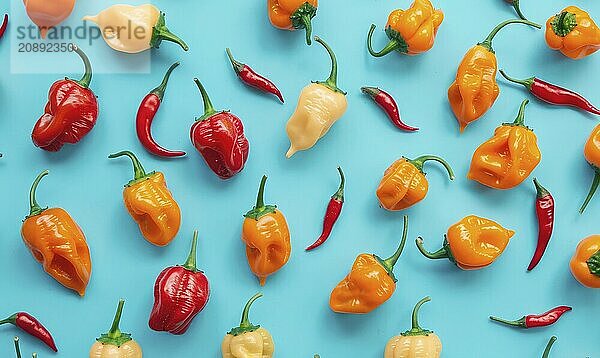 Top view of a mix of peppers scattered on a light blue background AI generated