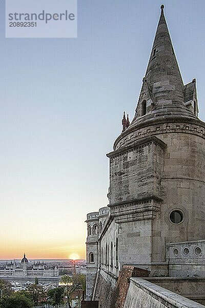 Old historic fortress and church at sunrise. City panorama at dusk. View of the Danube Fishermens Bastion  Halászbástya  Budapest  Hungary  Europe