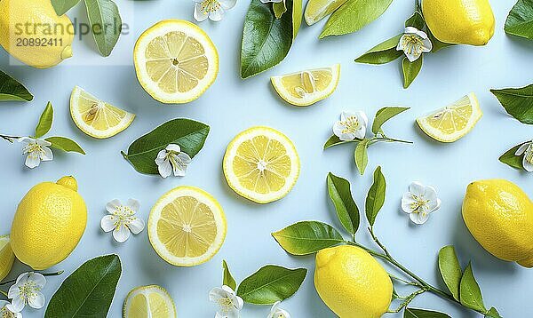 Sliced lemons with lemon leaves and blossoms on a light blue background AI generated