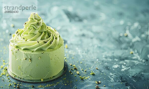 Pistachio cake with buttercream frosting on a light blue background AI generated