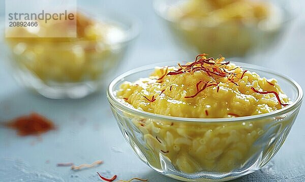 Persian saffron rice pudding on a light blue background AI generated