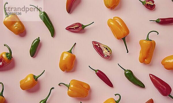 Top view of hot peppers scattered on a purple background AI generated