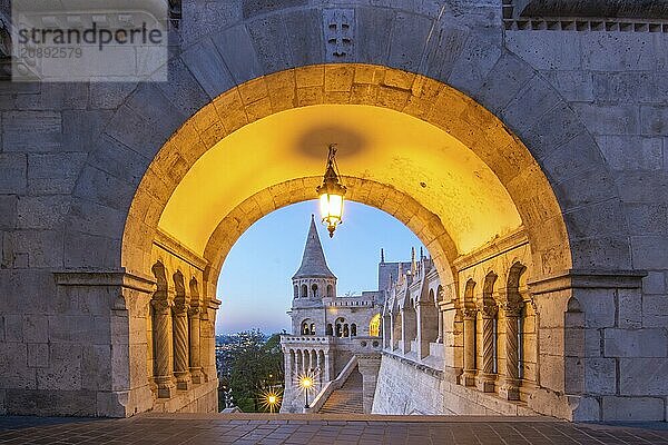 Old historic fortress and church at sunrise. City panorama at dusk. View of the Danube Fishermens Bastion  Halászbástya  Budapest  Hungary  Europe