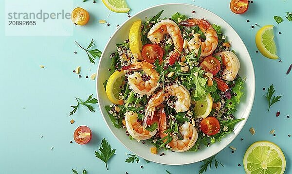 Shrimp and quinoa salad with citrus dressing on a light blue background AI generated