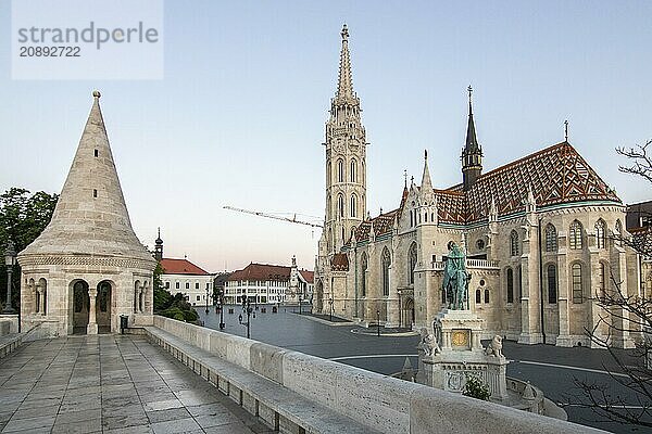 Old historic fortress and church at sunrise. City panorama at dusk. View of the Danube Fishermens Bastion  Halászbástya  Budapest  Hungary  Europe