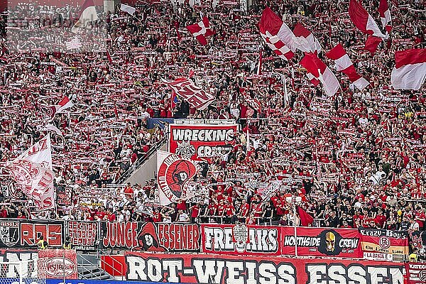 The football stadium of Rot-Weiß Essen  3rd league  stadium at the Hafenstraße  grandstand of the WAZ-Westkurve  called Alte West  home of the RWE fans  Ultras  the grandstand holds over 6600 visitors  Essen  North Rhine-Westphalia  Germany  Europe