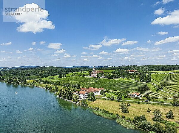 Aerial view of Maurach Castle on Lake Constance  below the Birnau pilgrimage church on a vineyard  Uhldingen-Mühlhofen  Lake Constance district  Baden-Württemberg  Germany  Europe