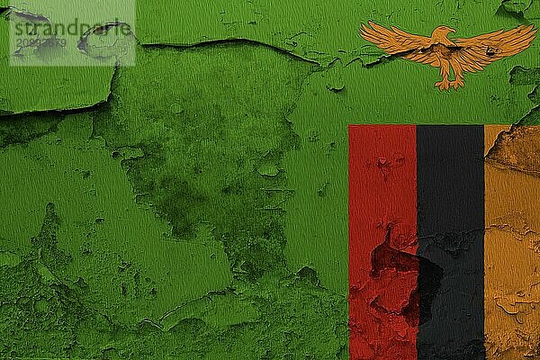 A flag with peeling paint texture showing green background  red  black  and orange vertical stripes  and an eagle in the upper right corner  Zambia Flag