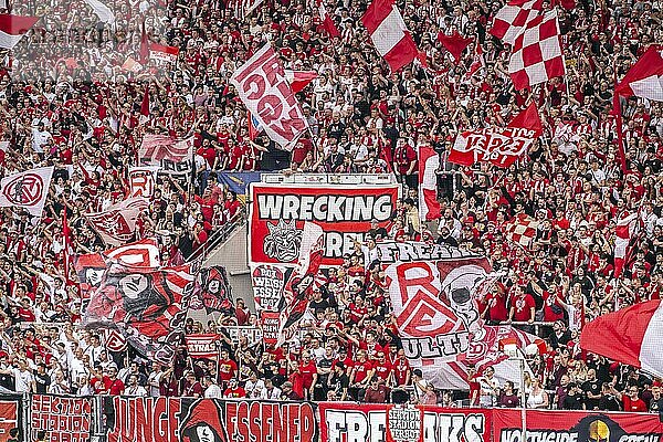 The football stadium of Rot-Weiß Essen  3rd league  stadium at the Hafenstraße  grandstand of the WAZ-Westkurve  called Alte West  home of the RWE fans  Ultras  the grandstand holds over 6600 visitors  Essen  North Rhine-Westphalia  Germany  Europe