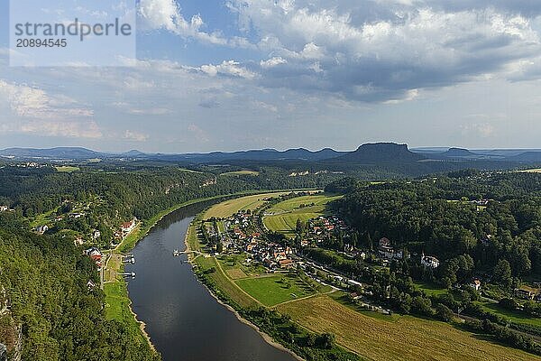 The Bastei is a rock formation with a viewing platform in Saxon Switzerland on the right bank of the River Elbe in the municipality of Lohmen between the spa town of Rathen and the town of Wehlen. It is one of the most visited tourist attractions in Saxon Switzerland. View into the Elbe valley to the Lilienstein  Saxon Switzerland  Rathen  Saxony  Germany  Europe