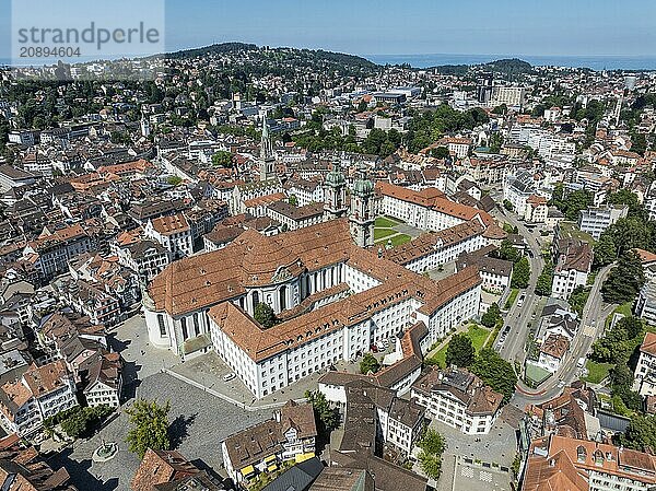 The historic old town of St. Gallen with the monastery quarter and the cathedral  collegiate church of St. Gallus and Otmar  UNESCO World Heritage Site  Lake Constance on the horizon  aerial view  Canton of St. Gallen  Switzerland  Europe