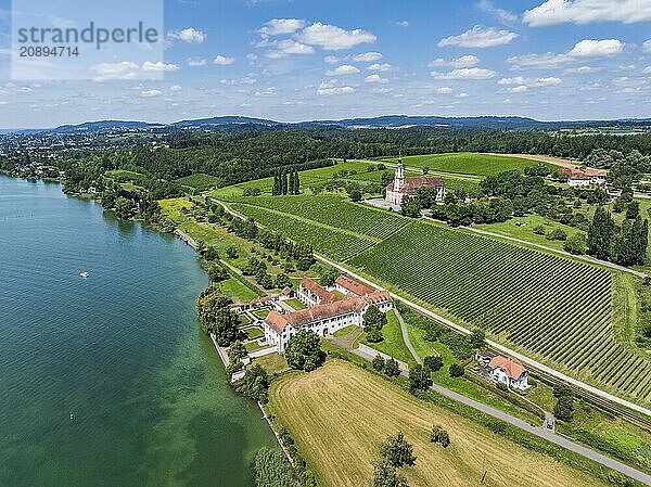 Aerial view of Maurach Castle on Lake Constance  below the Birnau pilgrimage church on a vineyard  Uhldingen-Mühlhofen  Lake Constance district  Baden-Württemberg  Germany  Europe