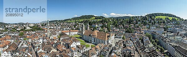 The historic old town of St. Gallen with the monastery quarter and the cathedral  collegiate church of St. Gallus and Otmar  UNESCO World Heritage Site  aerial view  panorama  Canton of St. Gallen  Switzerland  Europe