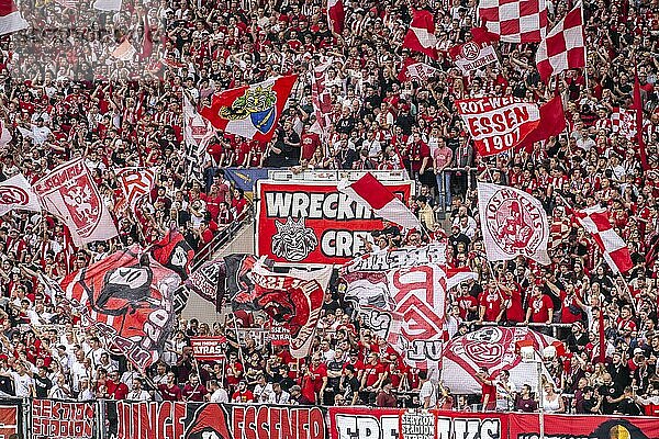 The football stadium of Rot-Weiß Essen  3rd league  stadium at the Hafenstraße  grandstand of the WAZ-Westkurve  called Alte West  home of the RWE fans  Ultras  the grandstand holds over 6600 visitors  Essen  North Rhine-Westphalia  Germany  Europe