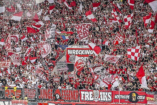 The football stadium of Rot-Weiß Essen  3rd league  stadium at the Hafenstraße  grandstand of the WAZ-Westkurve  called Alte West  home of the RWE fans  Ultras  the grandstand holds over 6600 visitors  Essen  North Rhine-Westphalia  Germany  Europe