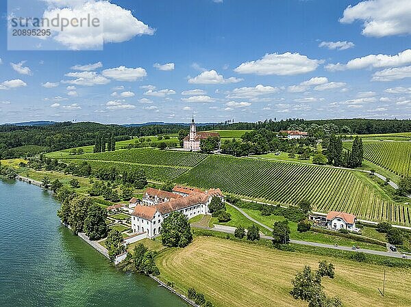 Aerial view of Maurach Castle on Lake Constance  below the Birnau pilgrimage church on a vineyard  Uhldingen-Mühlhofen  Lake Constance district  Baden-Württemberg  Germany  Europe