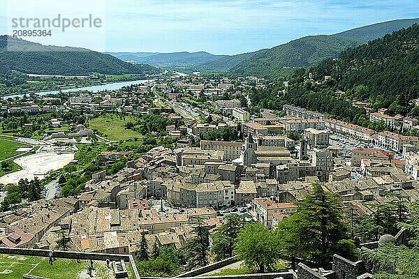 Sisteron. View of the city and the Durance river from the Citadel  Alpes-de-Haute-Provence. Provence-Alpes-Côte d'Azur. France