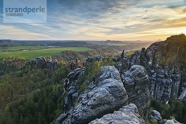 View from the Schrammsteine over the Elbe valley  Saxon Switzerland National Park  Germany  Europe