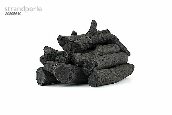 Natural wood charcoal isolated on white background. Pile of coal isolated on white background