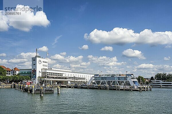 View from the car ferry across Lake Constance to the harbour entrance and lakeside promenade with the Zeppelin Museum  Friedrichshafen  Lake Constance district  Baden-Württemberg  Germany  Europe