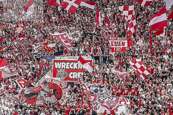 The football stadium of Rot-Weiß Essen  3rd league  stadium at the Hafenstraße  grandstand of the WAZ-Westkurve  called Alte West  home of the RWE fans  Ultras  the grandstand holds over 6600 visitors  Essen  North Rhine-Westphalia  Germany  Europe