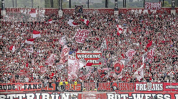 The football stadium of Rot-Weiß Essen  3rd league  stadium at the Hafenstraße  grandstand of the WAZ-Westkurve  called Alte West  home of the RWE fans  Ultras  the grandstand holds over 6600 visitors  Essen  North Rhine-Westphalia  Germany  Europe