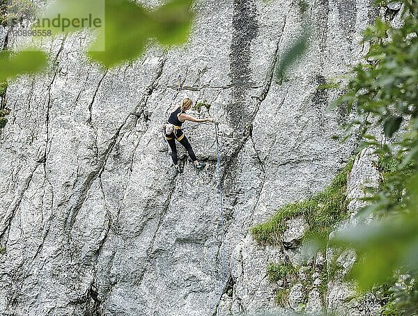 A woman climbs a route on the Spitzsteinwand in Erl  14.07.2024